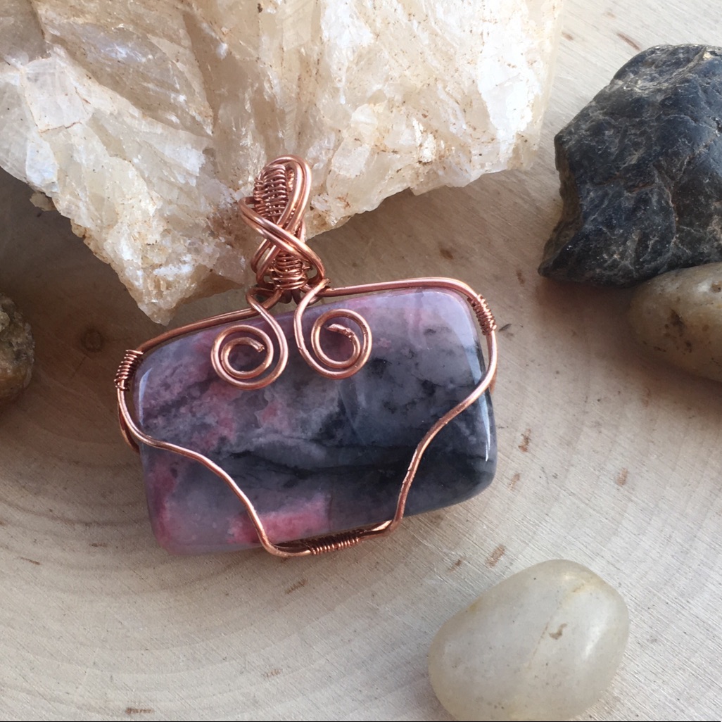 Wire Wrapped Peach Blossom Jade Pendant 20$